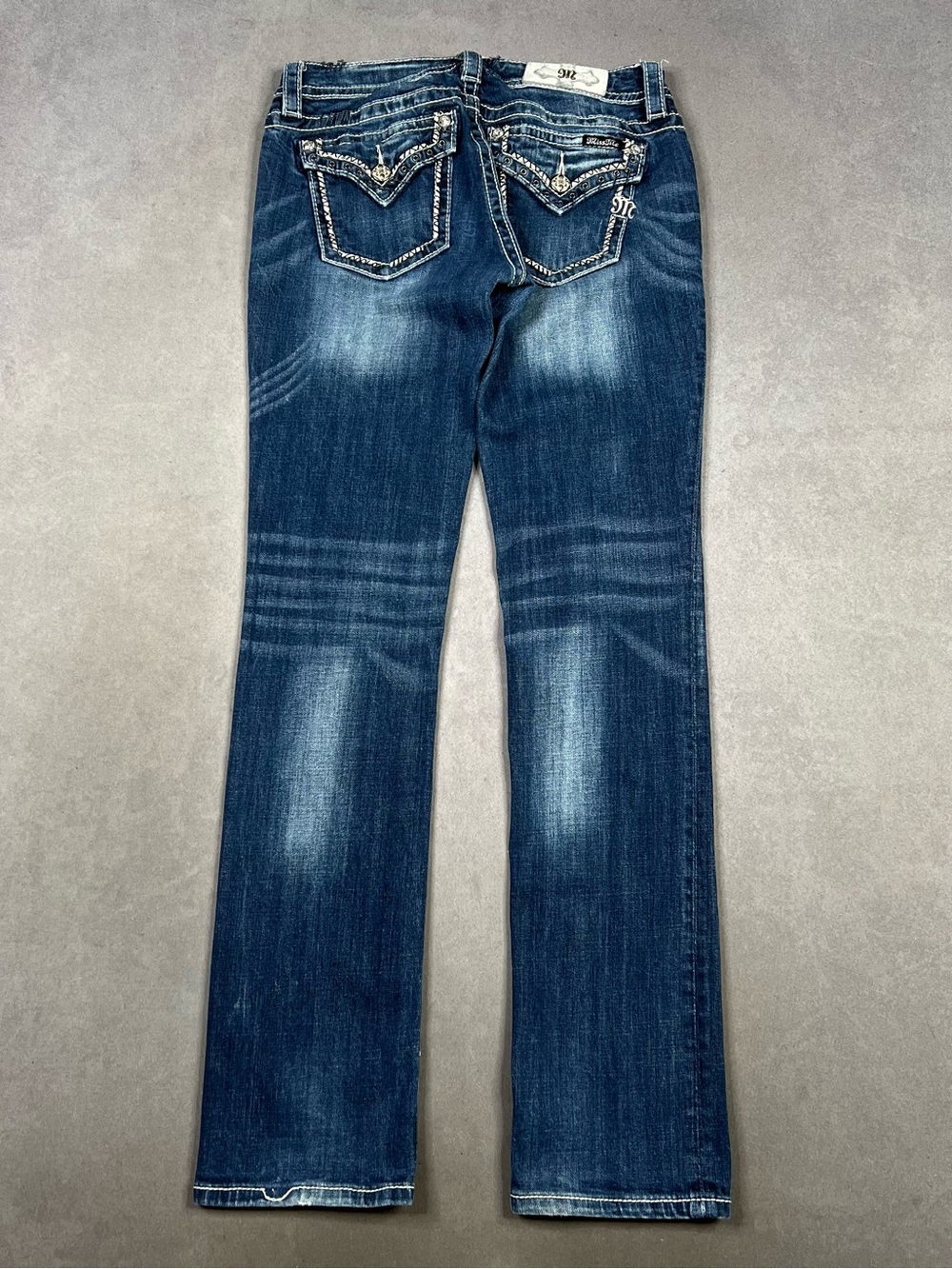 Miss Me Dark Blue Boot Cut Jeans with Embroidered Pockets Y2K Cyber